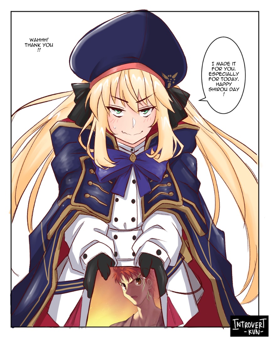 1boy 1girl artoria_caster_(fate) artoria_caster_(second_ascension)_(fate) artoria_pendragon_(fate) black_bow blonde_hair blue_capelet blue_headwear bow capelet emiya_shirou english_text fate/grand_order fate/stay_night fate_(series) green_eyes hair_bow introvert-kun long_hair orange_hair twintails yellow_eyes