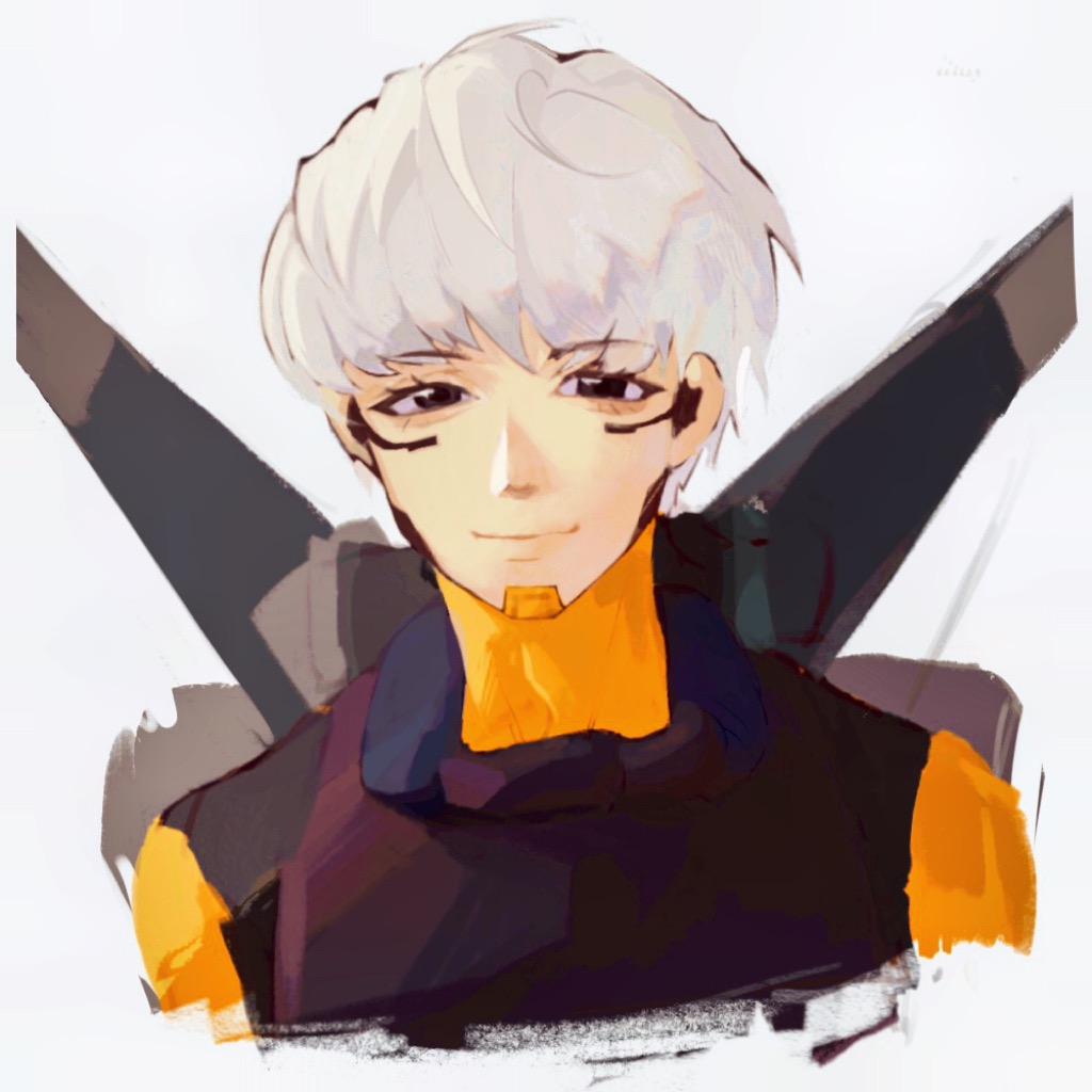 1girl animification apex_legends armor bangs black_eyes bodysuit breastplate chencucucucu chinese_commentary closed_mouth grey_hair jetpack looking_at_viewer orange_bodysuit portrait short_hair simple_background smile solo valkyrie_(apex_legends) white_background