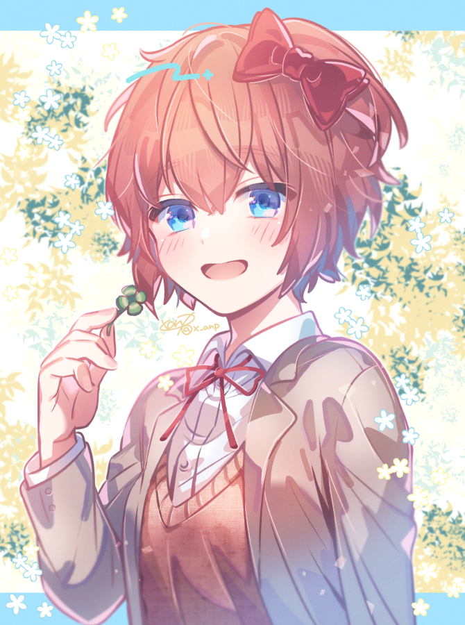 1girl :d aicedrop bangs blue_eyes blush bow brown_hair clover commentary_request doki_doki_literature_club four-leaf_clover grey_jacket hair_between_eyes hair_bow holding_clover jacket long_sleeves neck_ribbon open_clothes open_jacket open_mouth red_bow red_ribbon ribbon sayori_(doki_doki_literature_club) shirt short_hair signature smile solo upper_body white_shirt wing_collar