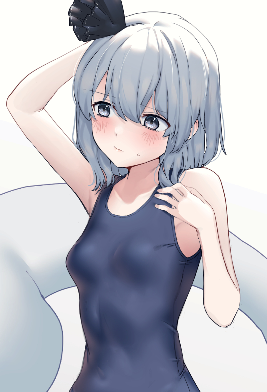 1girl arm_up armpits black_bow blue_one-piece_swimsuit bow breasts closed_mouth embarrassed highres kisamu_(ksmz) konpaku_youmu konpaku_youmu_(ghost) school_swimsuit short_hair small_breasts solo swimsuit touhou white_background white_hair