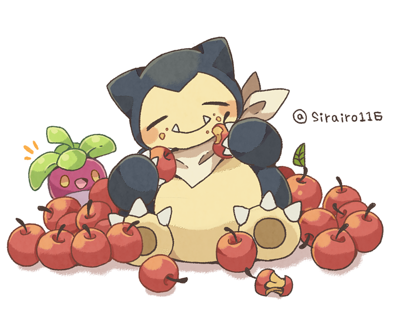 animal_focus apple apple_core artist_name bandana blank_eyes blush blush_stickers bounsweet claws closed_mouth clothed_pokemon commentary crumbs eating fangs fangs_out food food_bite food_on_face fruit full_body hands_up happy head_tilt holding holding_food holding_fruit leaf looking_at_another no_humans notice_lines open_mouth pawpads pokemon pokemon_(creature) shira_(sirairo116) signature simple_background sitting smile snorlax solo_focus straight-on twitter_username white_background white_bandana yellow_eyes