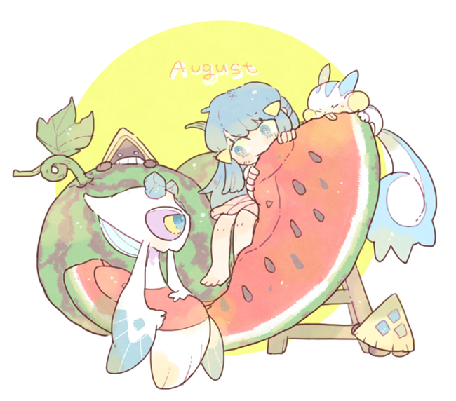 1girl bare_legs barefoot blue_eyes blue_hair food froslass fruit hair_ornament hikari_(pokemon) katiko long_hair miniskirt no_nose pachirisu pink_skirt pokemon pokemon_(creature) pokemon_(game) pokemon_dppt sitting skirt snorunt watermelon watermelon_slice