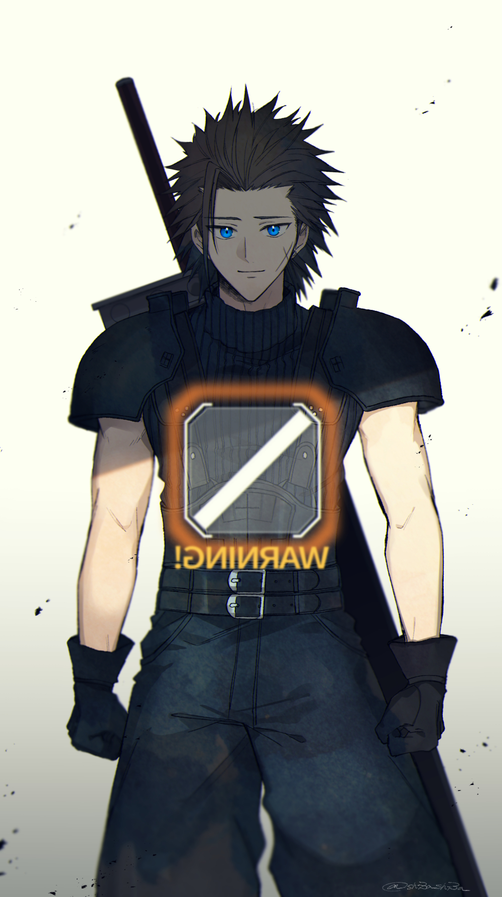 1boy armor baggy_pants belt black_gloves blue_eyes blue_pants blue_shirt buster_sword clenched_hand cowboy_shot final_fantasy final_fantasy_vii gloves hair_slicked_back highres light_smile looking_at_viewer male_focus medium_hair multiple_belts pants scar scar_on_cheek scar_on_face shi3ashi3a shirt shoulder_armor sign sleeveless sleeveless_turtleneck solo suspenders turtleneck warning_sign weapon weapon_on_back zack_fair