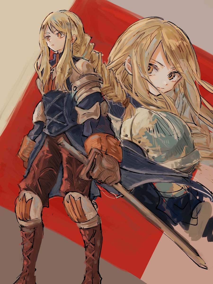 1girl agrias_oaks armor bangs blonde_hair blue_cape blue_shirt boots braid brown_eyes brown_footwear brown_gloves brown_pants cape elbow_pads feet_out_of_frame final_fantasy final_fantasy_tactics gloves highres holding holding_sword holding_weapon knee_boots knee_pads long_sleeves looking_at_viewer looking_back multiple_views nocoyaki pants red_background shirt shoulder_armor sidelocks swept_bangs sword upper_body weapon