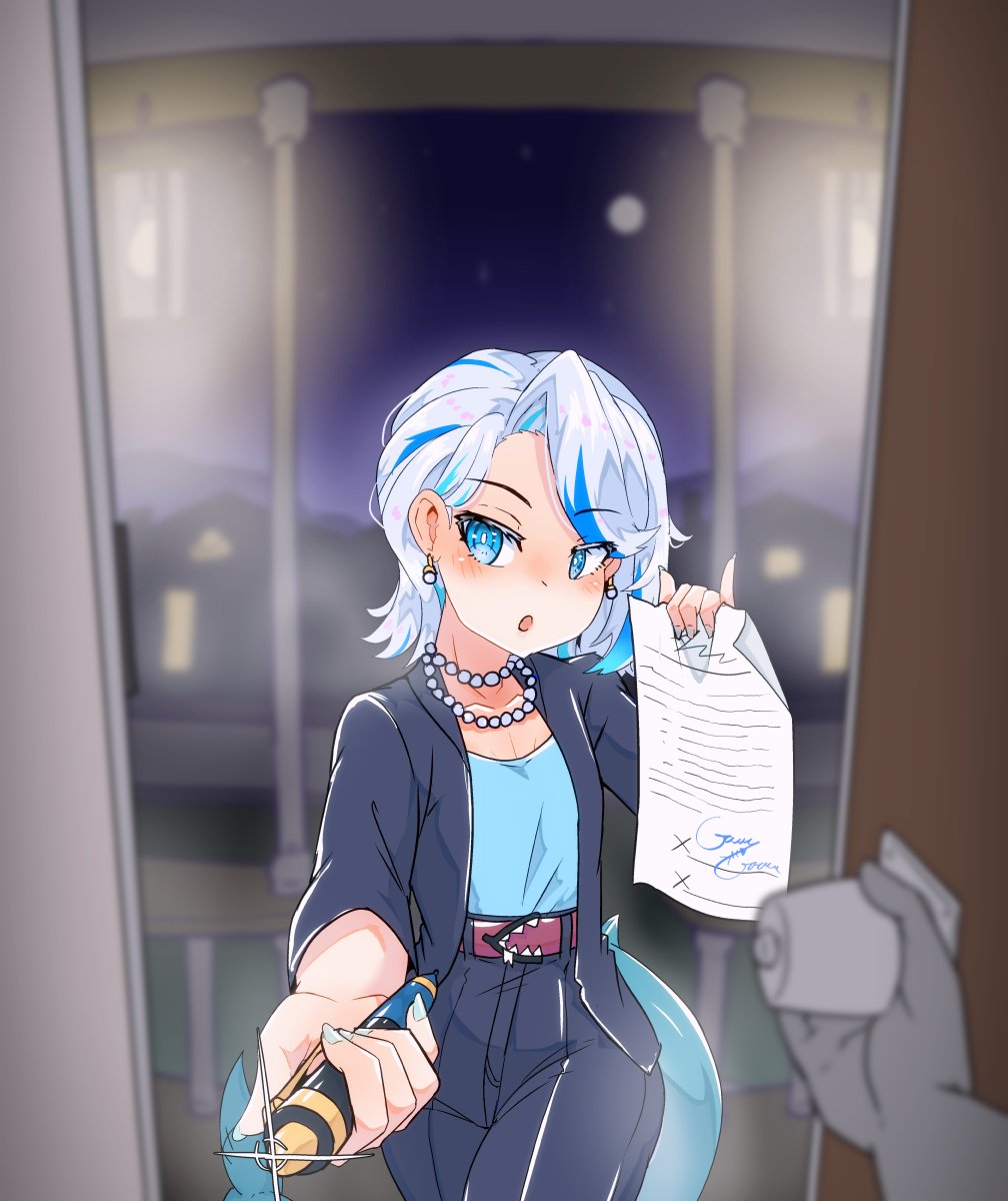 1girl alternate_hairstyle bangs blue_eyes blue_hair city_lights contract door fish_tail formal gawr_gura grey_hair highres hololive hololive_english jacket jewelry lawyer long_hair moral_cacoethes multicolored_hair necklace pants paper pen petite shark_tail short_hair streaked_hair suit tail virtual_youtuber