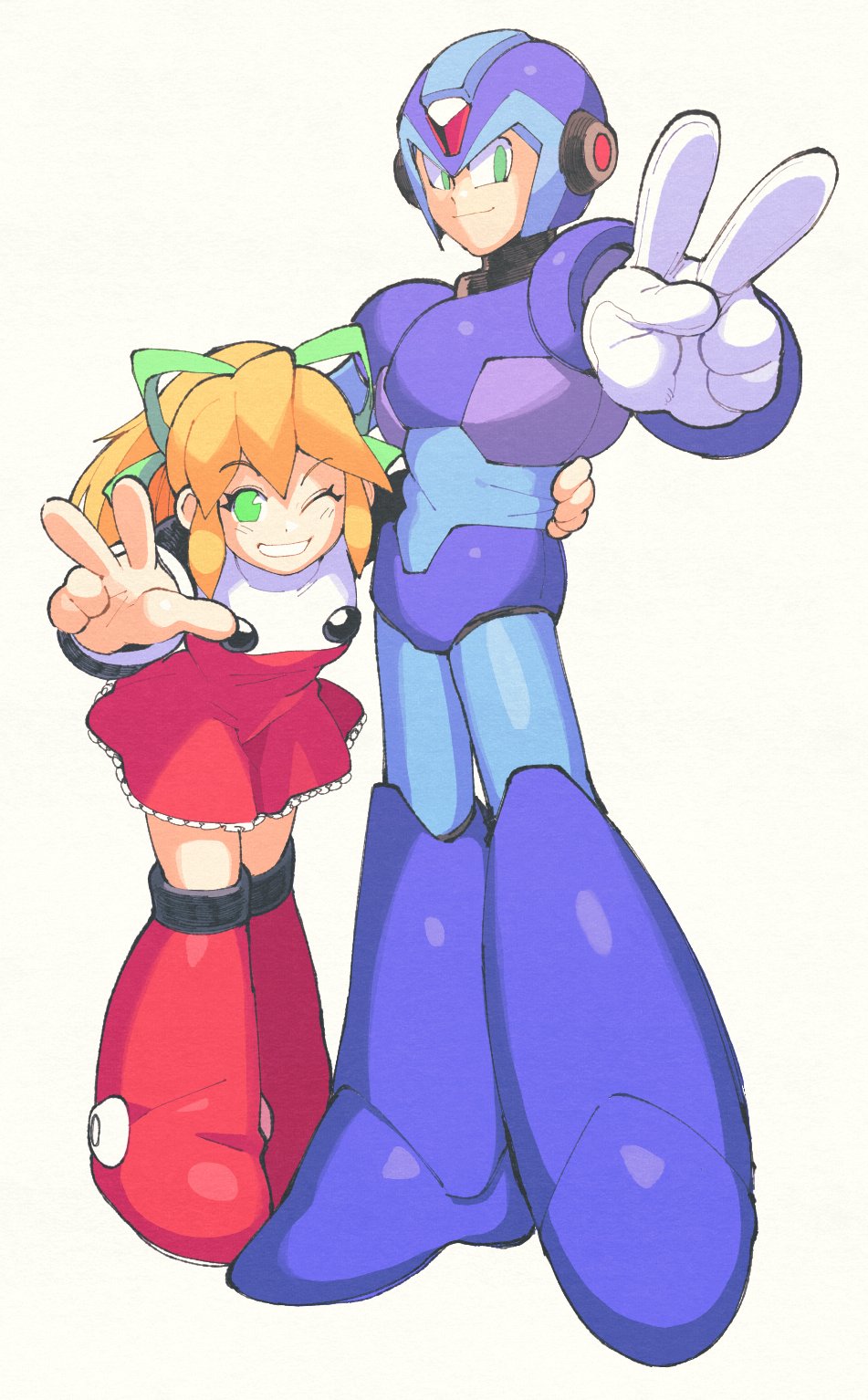 1boy 1girl android arm_around_waist armor blonde_hair boots closed_mouth commentary dress frilled_dress frills full_body gloves green_eyes green_ribbon hair_ribbon helmet high_ponytail highres inkerton-kun looking_at_viewer mega_man_(classic) mega_man_(series) mega_man_x_(character) mega_man_x_(series) one_eye_closed ponytail red_dress ribbon robot roll_(mega_man) smile symbol-only_commentary v white_gloves