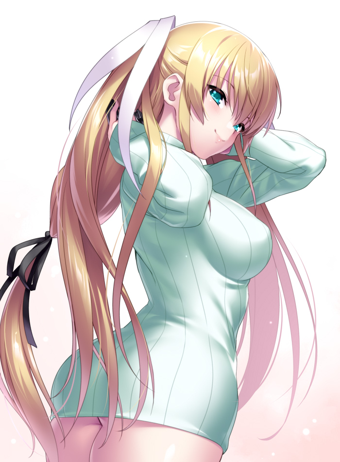 1girl blonde_hair cowboy_shot dress from_behind gradient gradient_background green_eyes hair_ribbon happy_birthday little_busters! long_hair ribbed_dress ribbed_sweater ribbon smile solo standing sweater sweater_dress tokido_saya white_dress white_sweater zen_(kamuro)