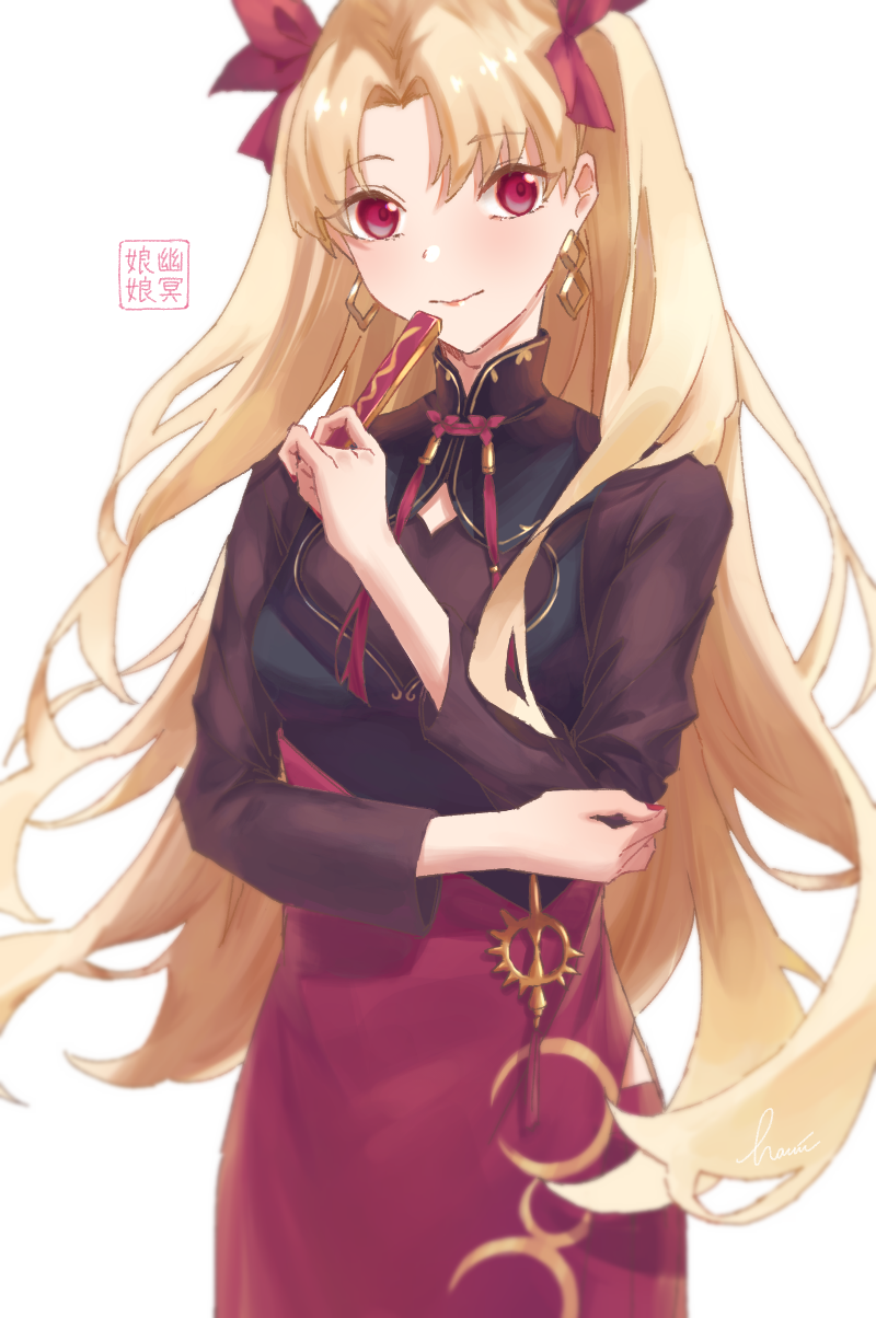 1girl alternate_costume blonde_hair dress earrings ereshkigal_(fate) ereshkigal_(youming_niangniang)_(fate) fate/grand_order fate_(series) folding_fan hair_ribbon hand_fan highres hoop_earrings infinity jewelry lipstick long_hair long_sleeves looking_at_viewer makeup multicolored_clothes multicolored_dress nail_polish official_alternate_costume red_eyes red_nails red_ribbon ribbon simple_background solo vietnamese_dress white_background ye_mei_(hami_illust)