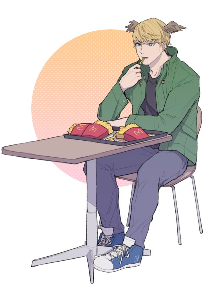 1boy black_shirt blonde_hair blue_footwear chair contemporary denim eating food french_fries full_body green_eyes green_jacket head_wings jacket jeans kabeuchimain male_focus mcdonald's pants shirt shoes sitting sneakers solo table xenoblade_chronicles_(series) xenoblade_chronicles_3 zeon_(xenoblade)