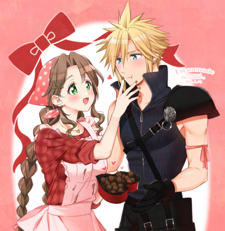 1boy 1girl aerith_gainsborough alternate_costume alternate_hairstyle apron aqua_eyes arm_ribbon armor artist_name bandana bangs black_gloves blonde_hair blush box braid breasts brown_hair chocolate chocolate_on_body chocolate_on_breasts chocolate_on_hand claw_hair_clip cloud_strife couple dated drooling earrings eating feeding final_fantasy final_fantasy_vii final_fantasy_vii_advent_children food_on_body food_on_hand frilled_apron frills gloves green_eyes grey_shirt hair_between_eyes heart heart-shaped_box hetero high_collar holding holding_box jewelry krudears long_hair long_sleeves looking_at_another medium_breasts muscular muscular_male necklace open_collar open_mouth parted_bangs pink_apron pink_background pink_bandana pink_ribbon polka_dot_bandana red_shirt ribbon shirt short_hair shoulder_armor sidelocks single_earring sleeveless sleeveless_shirt sleeves_rolled_up smile spiky_hair suspenders twin_braids twitter_username upper_body valentine waist_cape wavy_hair