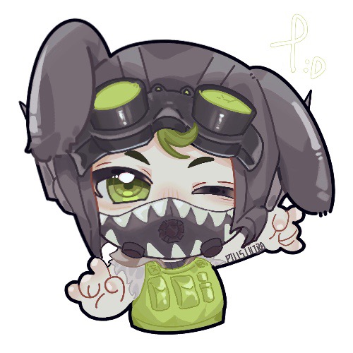 1boy \m/ animal_ears animification apex_legends arm_tattoo black_headwear chencucucucu chibi chinese_commentary goggles goggles_on_headwear green_eyes green_hair green_vest looking_at_viewer lowres male_focus mask mouth_mask octane_(apex_legends) one_eye_closed rabbit_ears solo tattoo vest