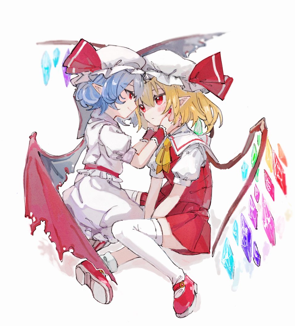 2girls ascot blonde_hair blue_hair blush closed_mouth collared_shirt commentary crystal demon_wings flandre_scarlet full_body hair_between_eyes hands_on_another's_cheeks hands_on_another's_face hat hat_ribbon looking_at_another mary_janes mob_cap multiple_girls osakanadream pointy_ears puffy_short_sleeves puffy_sleeves red_eyes red_footwear red_ribbon red_skirt red_vest remilia_scarlet ribbon shirt shoes short_hair short_sleeves siblings simple_background sisters sitting skirt skirt_set smile socks thigh-highs touhou vest white_background white_headwear white_shirt white_skirt white_socks white_thighhighs wings wrist_cuffs yellow_ascot