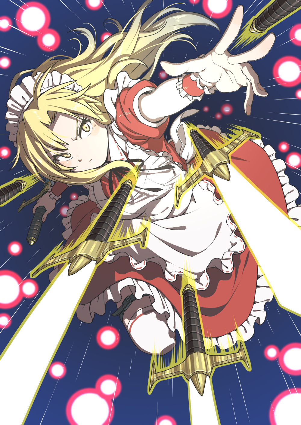 1girl apron blonde_hair danmaku dress duplicate frilled_dress frills glowing glowing_weapon highres holding holding_sword holding_weapon inuno_rakugaki long_hair maid maid_apron maid_headdress motion_lines pixel-perfect_duplicate serious sword thigh-highs throwing touhou touhou_(pc-98) weapon wrist_cuffs yellow_eyes yumeko_(touhou)