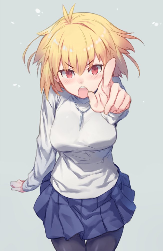 antenna_hair arcueid_brunestud auru_t blonde_hair blue_skirt breasts cowboy_shot index_finger_raised jewelry large_breasts long_sleeves melty_blood melty_blood:_type_lumina miniskirt open_mouth pendant pleated_skirt pointing pointing_at_viewer red_eyes shirt short_hair skirt standing teeth tsukihime upper_teeth v-shaped_eyebrows white_shirt