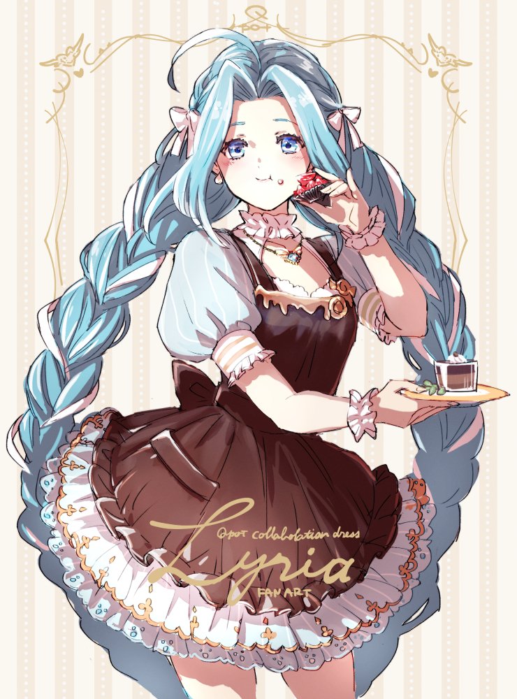 1girl ahoge apron bangs black_apron blue_dress blue_eyes blue_hair bow braid breasts character_name choker cowboy_shot dress eating food food_on_face frilled_apron frilled_dress frills full_mouth granblue_fantasy hair_bow holding holding_plate jewelry long_hair looking_at_viewer lyria_(granblue_fantasy) medium_breasts necklace parted_bangs patterned_background plate puffy_short_sleeves puffy_sleeves satuko8 short_sleeves solo twin_braids twintails white_choker wrist_cuffs