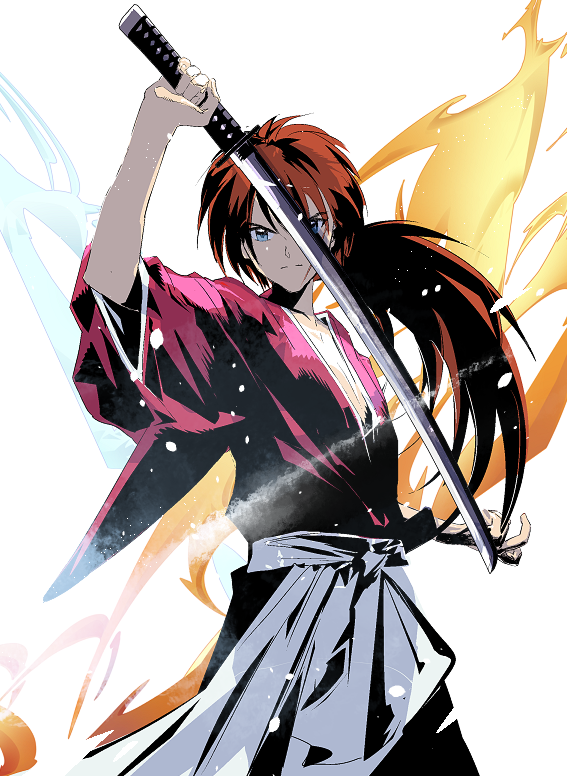 1boy blue_eyes cofffee cowboy_shot fire hair_between_eyes hakama himura_kenshin holding holding_sword holding_weapon japanese_clothes katana long_hair looking_at_viewer low_ponytail male_focus red_shirt redhead rurouni_kenshin scar scar_on_cheek scar_on_face shirt solo sword weapon white_background white_hakama wide_sleeves