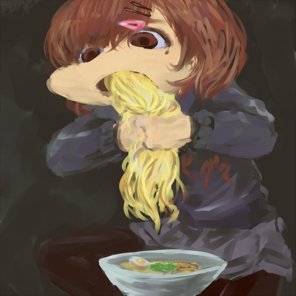 1girl ai_drawing_anime_characters_eating_ramen_(meme) bangs bbb_(b-san) black_pantyhose blue_sweater bowl brown_eyes brown_hair eating egg_(food) fine_art_parody food grey_background grey_skirt hair_between_eyes hair_ornament hairclip hands_up higuchi_madoka holding holding_food idolmaster idolmaster_shiny_colors indian_style long_hair long_sleeves meme miniskirt mole mole_under_eye noodles open_mouth own_hands_together pantyhose parody pleated_skirt ramen saturn_devouring_his_son sidelocks simple_background sitting sketch skirt solo sweater you're_doing_it_wrong