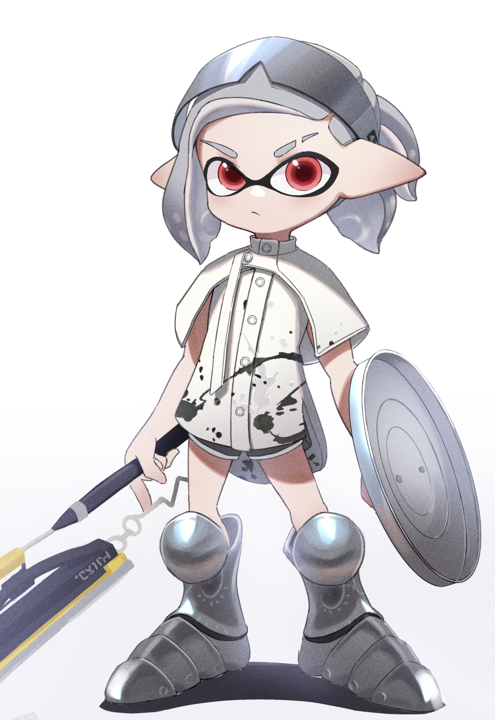 1girl armored_boots black_shorts boots closed_mouth commentary_request eyebrow_cut goggles goggles_on_head gradient gradient_background grey_background grey_hair highres holding inkling looking_at_viewer red_eyes shadow shirt short_shorts shorts solo splatoon_(series) splatoon_3 standing tentacles thick_eyebrows toki_(yoyobozi) trashcan_lid white_background white_shirt