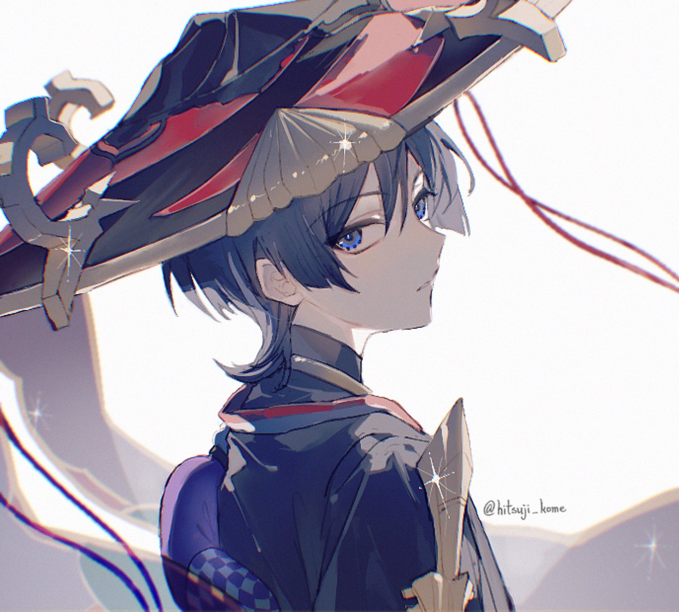 1boy 329kome artist_name back bangs black_headwear black_shirt blue_eyes blue_hair closed_mouth commentary_request from_behind genshin_impact gold hair_between_eyes hat highres jewelry jingasa leaf leaf_print looking_at_viewer looking_back mandarin_collar red_headwear scaramouche_(genshin_impact) shirt short_hair short_sleeves simple_background solo sparkle upper_body veil white_background