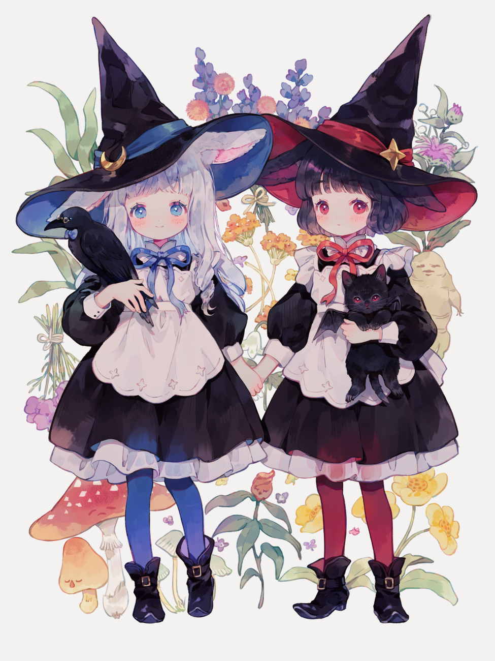 2girls animal animal_ears apron bangs bat_wings bird black_cat black_dress black_footwear black_hair blue_eyes blue_headwear blue_pantyhose blunt_bangs boots buckle cat closed_mouth conago crow dress flower flower_request frills hat highres holding holding_animal holding_hands light_blush light_smile long_hair long_sleeves looking_at_viewer moon_(ornament) multiple_girls mushroom original pantyhose plant plant_request puffy_long_sleeves puffy_sleeves rabbit_ears red_eyes red_headwear red_pantyhose short_hair standing star_ornament tulip white_apron white_background white_hair wings witch witch_hat yellow_flower
