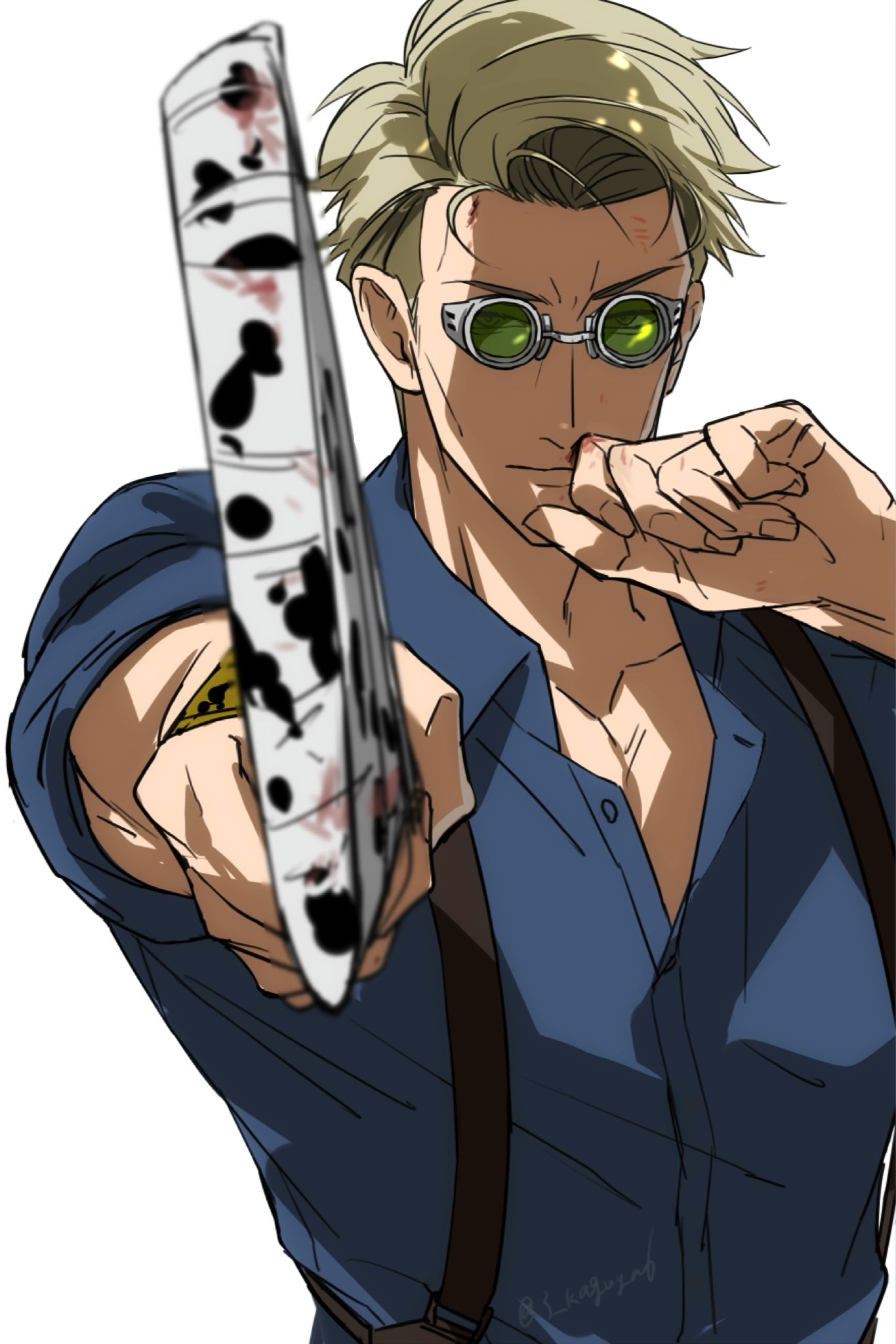 1boy blonde_hair collarbone collared_shirt goggles hand_on_own_face highres holding holding_weapon jujutsu_kaisen lips long_sleeves looking_at_viewer nanami_kento sano_maru shirt short_hair sword unbuttoned upper_body weapon white_background