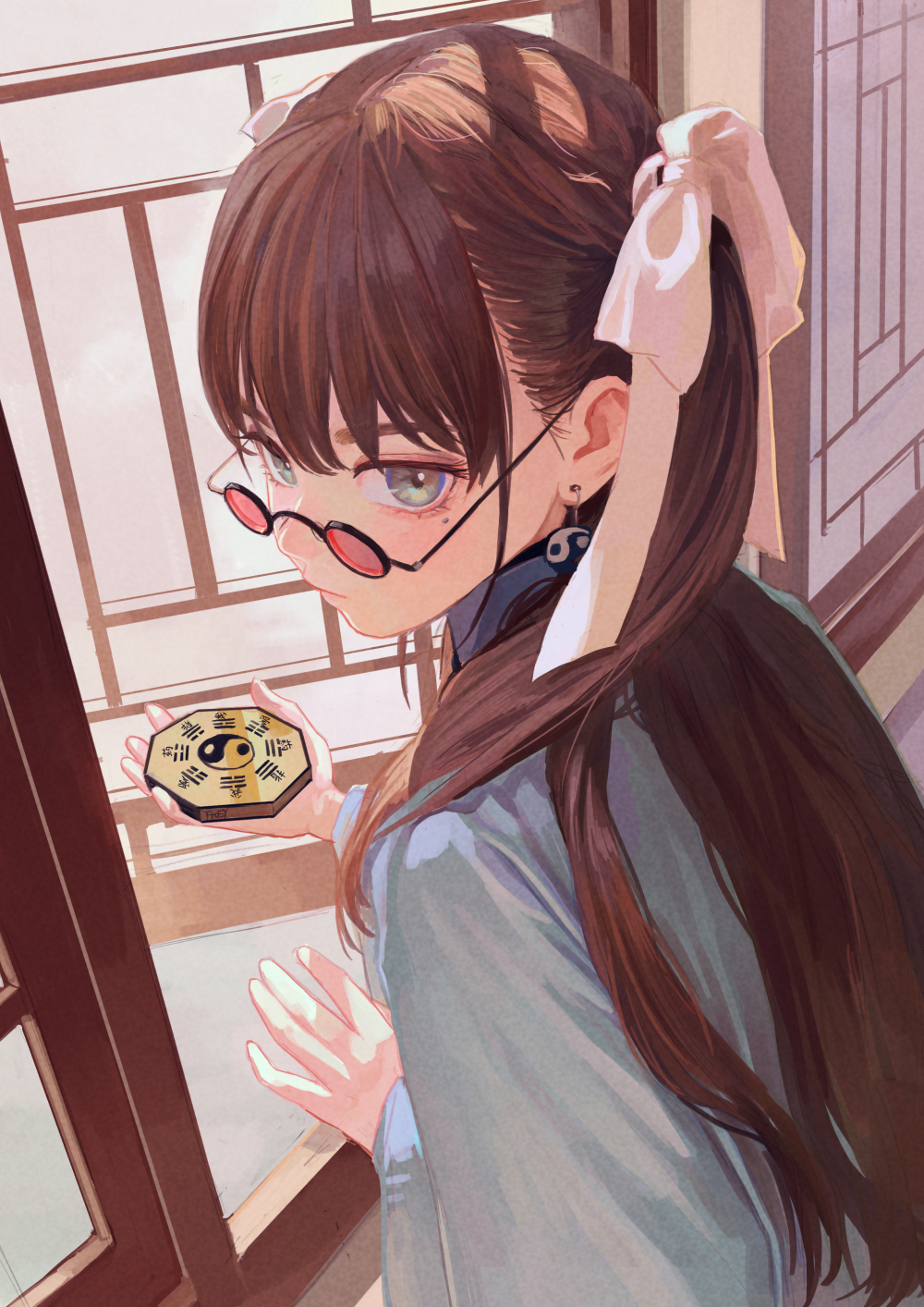 1girl bagua bangs bow brown_hair closed_mouth earrings eyeball_bracelet_girl_(fkey) fkey glasses green_eyes hair_between_eyes hair_bow hair_over_eyes hair_ribbon highres holding jewelry long_hair long_sleeves looking_at_viewer looking_to_the_side mole mole_under_eye original red-tinted_eyewear ribbon round_eyewear solo tinted_eyewear trigram two_side_up upper_body white_ribbon window yin_yang