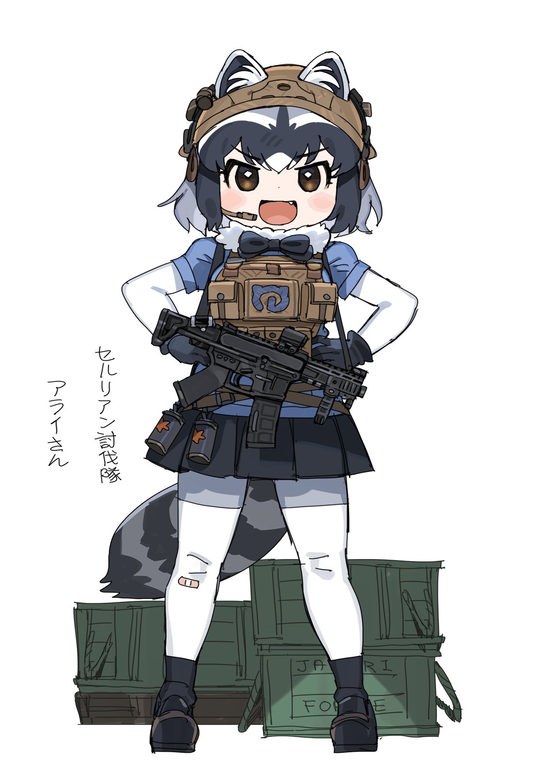 1girl ammunition_box animal_ears bandaid black_bow black_bowtie black_footwear black_gloves black_pantyhose black_skirt blue_sweater blush bow bowtie brown_eyes commentary_request common_raccoon_(kemono_friends) ears_through_headwear elbow_gloves explosive fang full_body fur_collar gloves grenade grey_hair grey_pantyhose gun hands_on_hips helmet highres japari_symbol kemono_friends loafers multicolored_clothes multicolored_hair multicolored_legwear open_mouth pantyhose pleated_skirt puffy_short_sleeves puffy_sleeves raccoon_ears raccoon_girl raccoon_tail shoes short_hair short_sleeves skirt smile solo spawnfoxy sweater tactical_clothes tail translation_request weapon white_fur white_gloves white_hair white_pantyhose