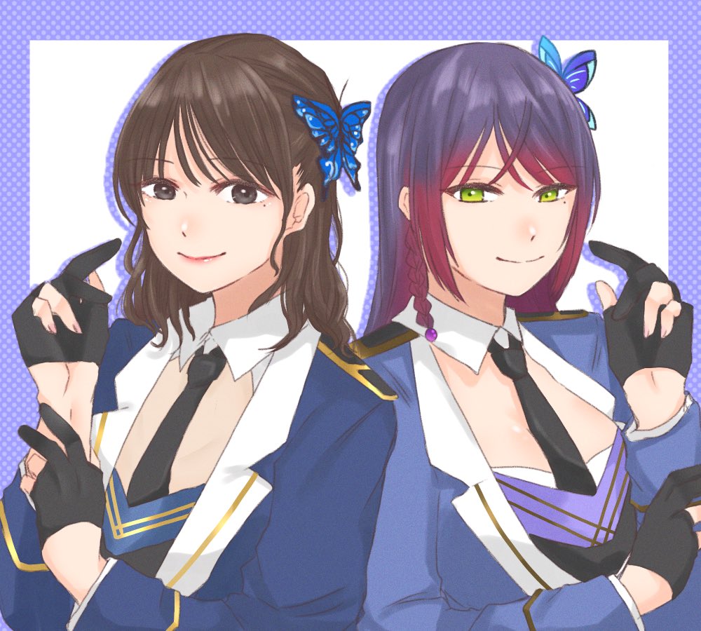 2girls assault_lily bangs black_eyes black_gloves black_necktie blue_eyes blue_jacket border braid brown_hair butterfly_hair_ornament closed_mouth collared_shirt commentary cosplay crossed_bangs drop_shadow epaulettes fingernails funada_kiito funada_kiito_(cosplay) gloves green_eyes hair_ornament half_gloves hands_up ishii_haruna jacket long_hair long_sleeves looking_at_viewer medium_hair mole mole_under_eye multiple_girls necktie nigari_(ngari_0115) partially_fingerless_gloves polka_dot_border purple_border purple_hair real_life shirt side-by-side side_braid simple_background single_braid smile symbol-only_commentary upper_body voice_actor voice_actor_connection white_background