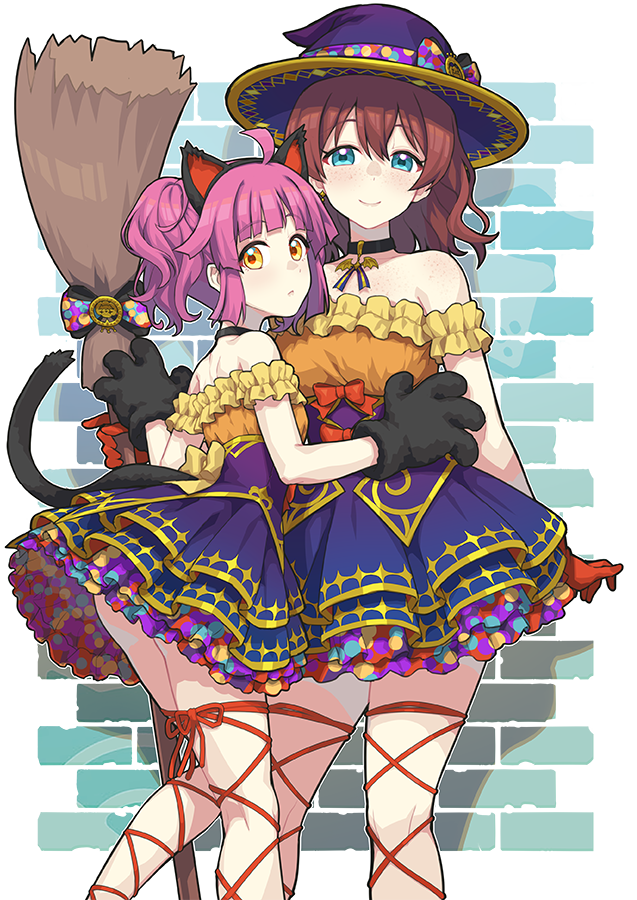 2girls ahoge animal_ears animal_hands aqua_eyes ass back back_bow bangs bat_ornament black_gloves blue_skirt blunt_bangs body_freckles bow breasts brick_wall broom brown_hair cat_ears cat_paws cat_tail choker chu_kai_man commentary dot_nose earrings emma_verde expressionless fake_animal_ears fake_tail freckles frilled_shirt frilled_skirt frills gloves halloween hat holding holding_broom jewelry large_breasts leg_ribbon legs looking_at_viewer love_live! love_live!_nijigasaki_high_school_idol_club medium_hair multicolored_clothes multicolored_skirt multiple_girls orange_shirt pink_hair purple_headwear red_bow red_gloves ribbon shirt short_hair skirt small_breasts smile strapless strapless_shirt symbol-only_commentary tail tennouji_rina thigh_ribbon thighs transparent_background twintails wavy_hair witch_hat yellow_bow yellow_eyes