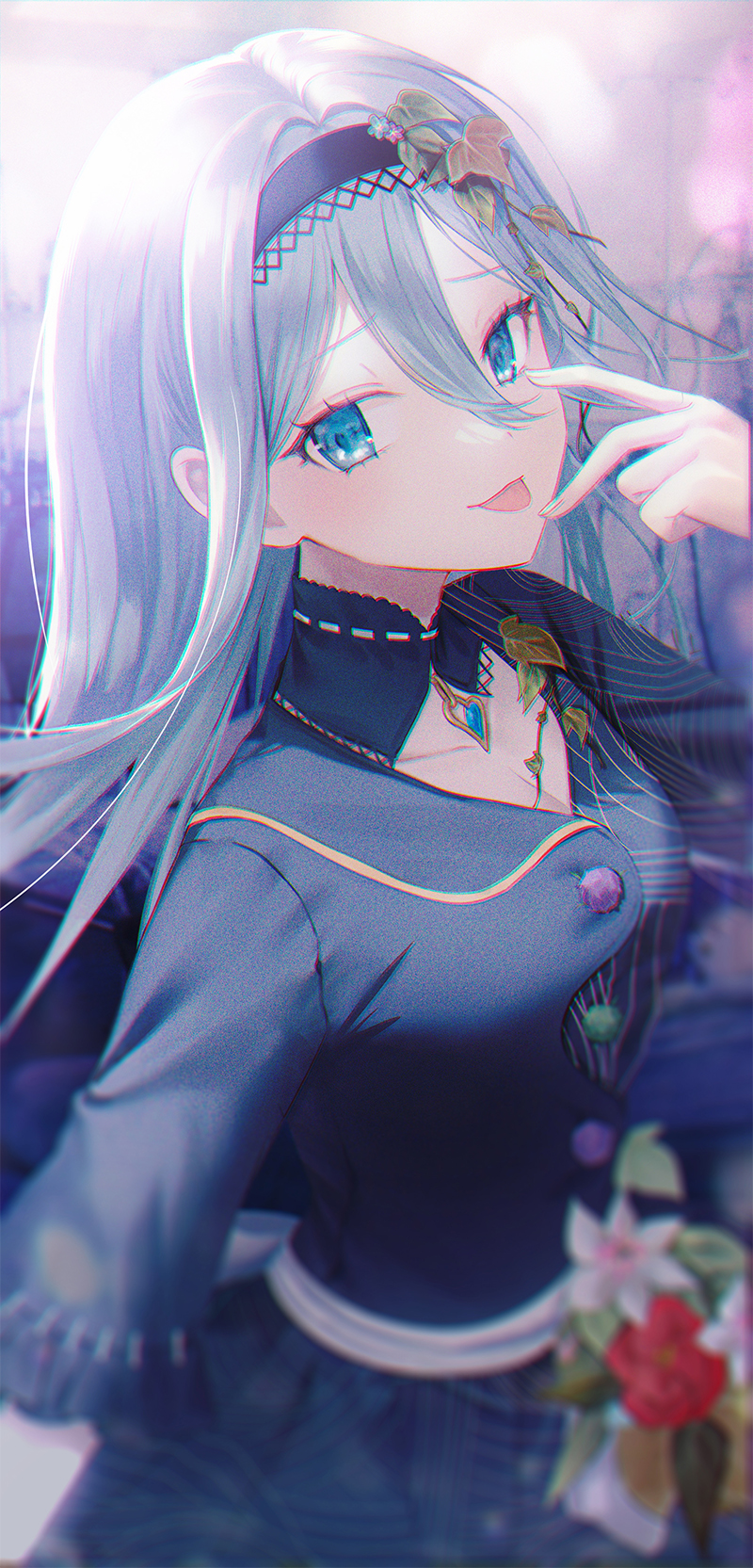 1girl 25-ji_night_code_de._(project_sekai) 723/nanahumi :p bangs black_hairband blue_eyes blue_jacket blue_skirt blurry blurry_background collarbone commentary_request depth_of_field flower grey_hair hair_between_eyes hairband hand_up highres jacket long_hair looking_at_viewer project_sekai red_flower short_sleeves skirt solo tongue tongue_out very_long_hair white_flower yoisaki_kanade