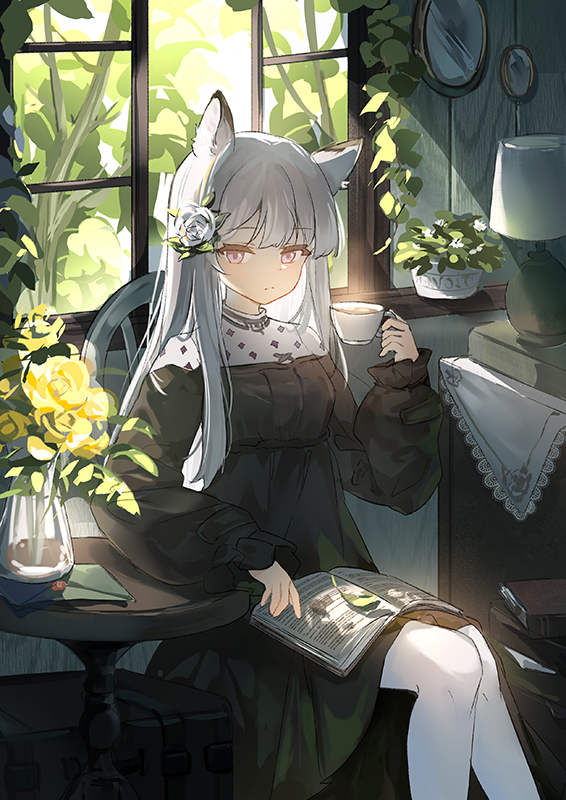 1girl animal_ear_fluff animal_ears arknights black_dress book chinese_commentary closed_mouth commentary cup drawer dress feet_out_of_frame flower grey_hair hair_flower hair_ornament hand_up heavyrain_(arknights) heavyrain_(tranquil_moss)_(arknights) holding holding_cup indoors lampshade leaf letter long_hair long_sleeves looking_at_viewer mirror official_alternate_costume open_book open_window pink_eyes plant potted_plant sitting solo suitcase table teacup tree vase wax_seal white_flower window yellow_flower yeziduanduan zebra_ears