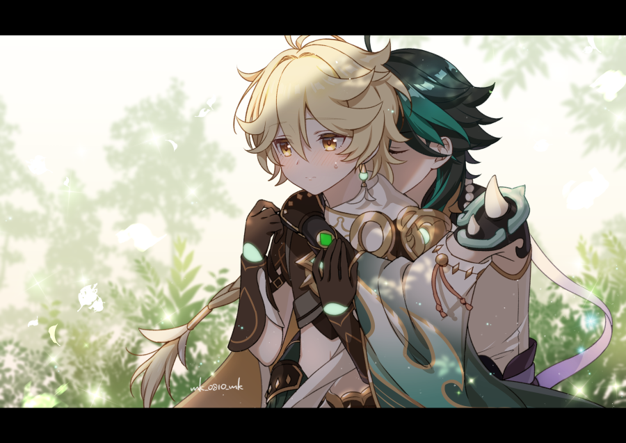 2boys aether_(genshin_impact) ahoge aqua_hair ar_(rikuesuto) armor asymmetrical_clothes bangs bead_necklace beads black_hair blonde_hair blush closed_eyes closed_mouth day earrings genshin_impact gloves hair_between_eyes hug hug_from_behind jewelry leaf letterboxed long_hair male_focus multicolored_hair multiple_boys necklace outdoors shoulder_armor single_earring spikes sweat twitter_username xiao_(genshin_impact) yaoi yellow_eyes