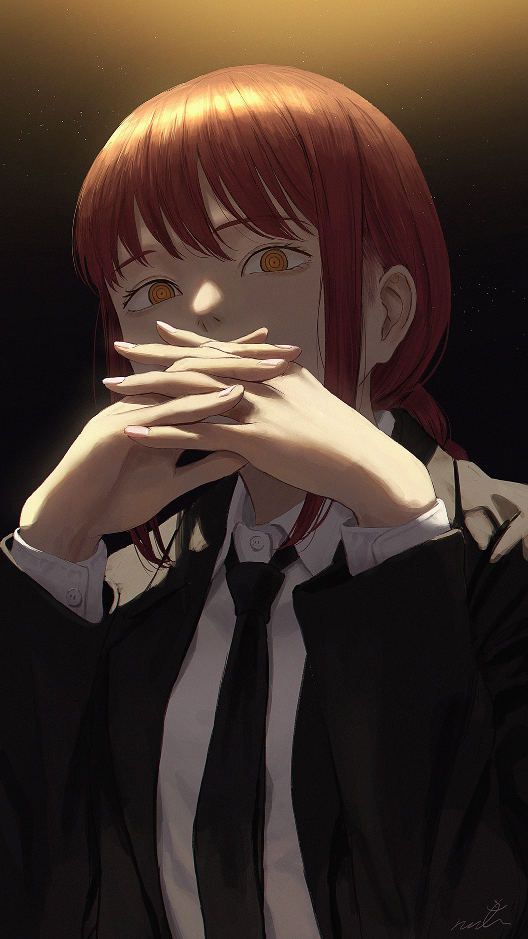1girl bangs black_coat black_necktie braid braided_ponytail business_suit chainsaw_man coat collared_shirt formal gradient gradient_background hands_up highres interlocked_fingers long_sleeves looking_at_viewer makima_(chainsaw_man) necktie office_lady open_clothes open_coat papi_(papiron100) redhead ringed_eyes shirt sidelocks solo suit upper_body white_shirt yellow_eyes