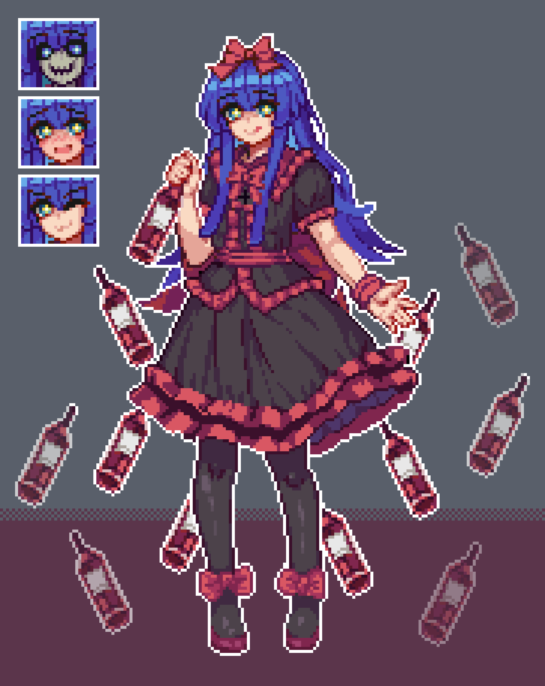 +_+ 1girl :3 :q \||/ alternate_sleeve_length arm_up bangs black_dress black_souls black_thighhighs blue_eyes blue_hair blunt_bangs blush bottle bow bright_pupils center_frills closed_mouth collar collared_dress dress expression_chart eyes_visible_through_hair footwear_bow frilled_collar frilled_dress frilled_sleeves frills full_body hair_bow highres holding holding_bottle long_hair mabel_(black_souls) multicolored_pupils pixel_art puffy_short_sleeves puffy_sleeves red_bow short_sleeves sidelocks smile standing star-shaped_pupils thigh-highs tongue tongue_out white_pupils wine_bottle yellow_pupils youmo_de_chihuo