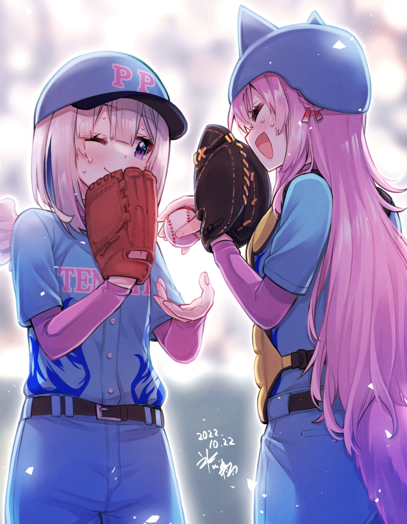 2girls :d amane_kanata ball baseball baseball_mitt baseball_uniform belt black_belt blue_hair blue_pants blue_shirt blush closed_eyes closed_mouth dated grey_hair hakui_koyori hat hikawa_shou holding holding_ball hololive layered_sleeves long_hair long_sleeves multicolored_hair multiple_girls one_eye_closed pants pink_hair shirt short_over_long_sleeves short_sleeves signature smile sportswear streaked_hair tail very_long_hair violet_eyes virtual_youtuber