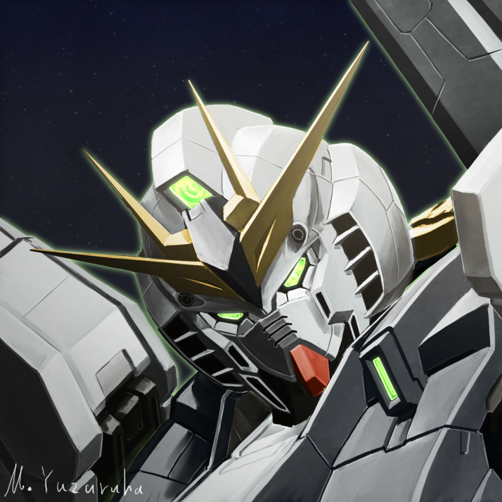 char's_counterattack commentary_request fin_funnels green_eyes gundam looking_at_viewer m_yuzuruha mecha no_humans nu_gundam portrait robot science_fiction signature sky solo space star_(sky) starry_sky v-fin