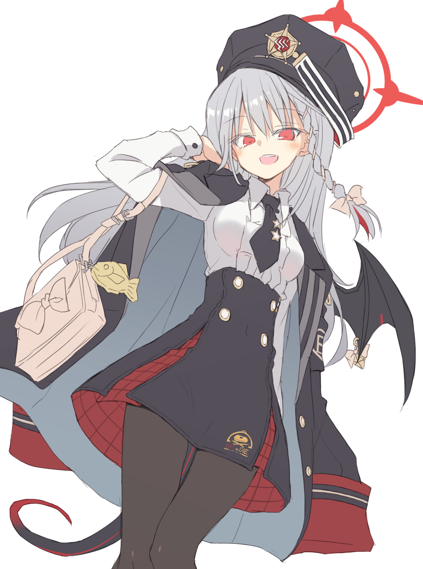 1girl :d arm_behind_back bag black_headwear black_necktie black_pantyhose black_skirt black_tail blue_archive blush bow braid coat coat_on_shoulders collared_shirt feet_out_of_frame frilled_shirt frills grey_hair hair_bow halo hand_up handbag haruna_(blue_archive) hat high-waist_skirt long_hair long_sleeves looking_at_viewer military_hat necktie pantyhose peaked_cap red_eyes satou_kibi shirt shirt_tucked_in side_braid simple_background single_braid single_wing skirt smile solo tail white_background white_shirt wings