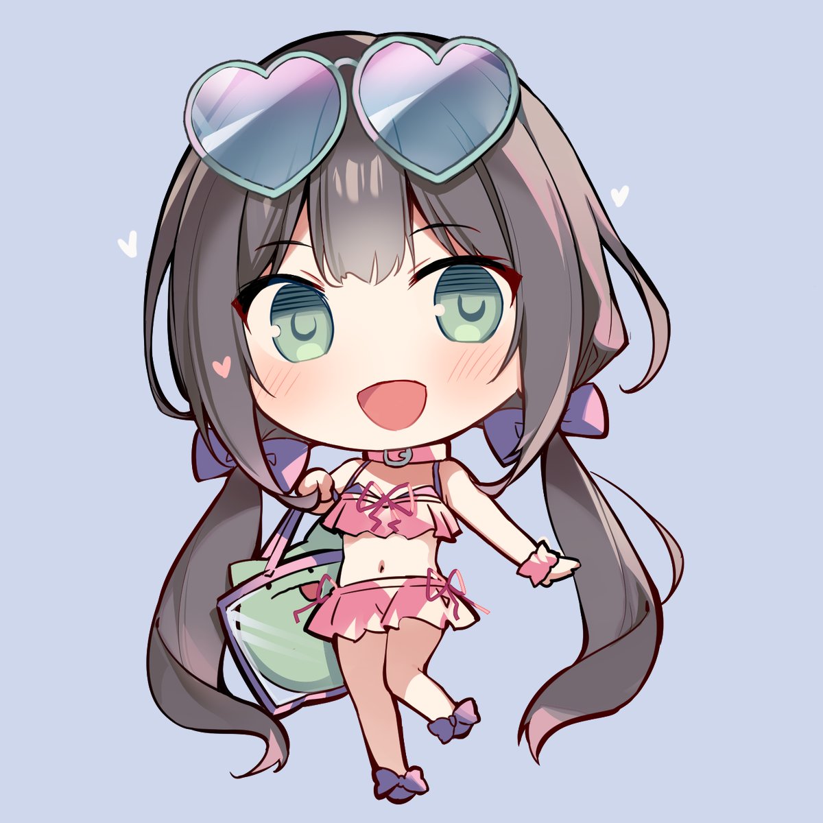 1girl :d bag bangs bikini black_hair blue_background blush chibi choker commentary_request eyewear_on_head green_eyes hair_between_eyes hair_ribbon heart heart-shaped_eyewear highres karory long_hair navel original pink_bikini ribbon shoulder_bag sidelocks simple_background smile solo standing sunglasses swimsuit twintails