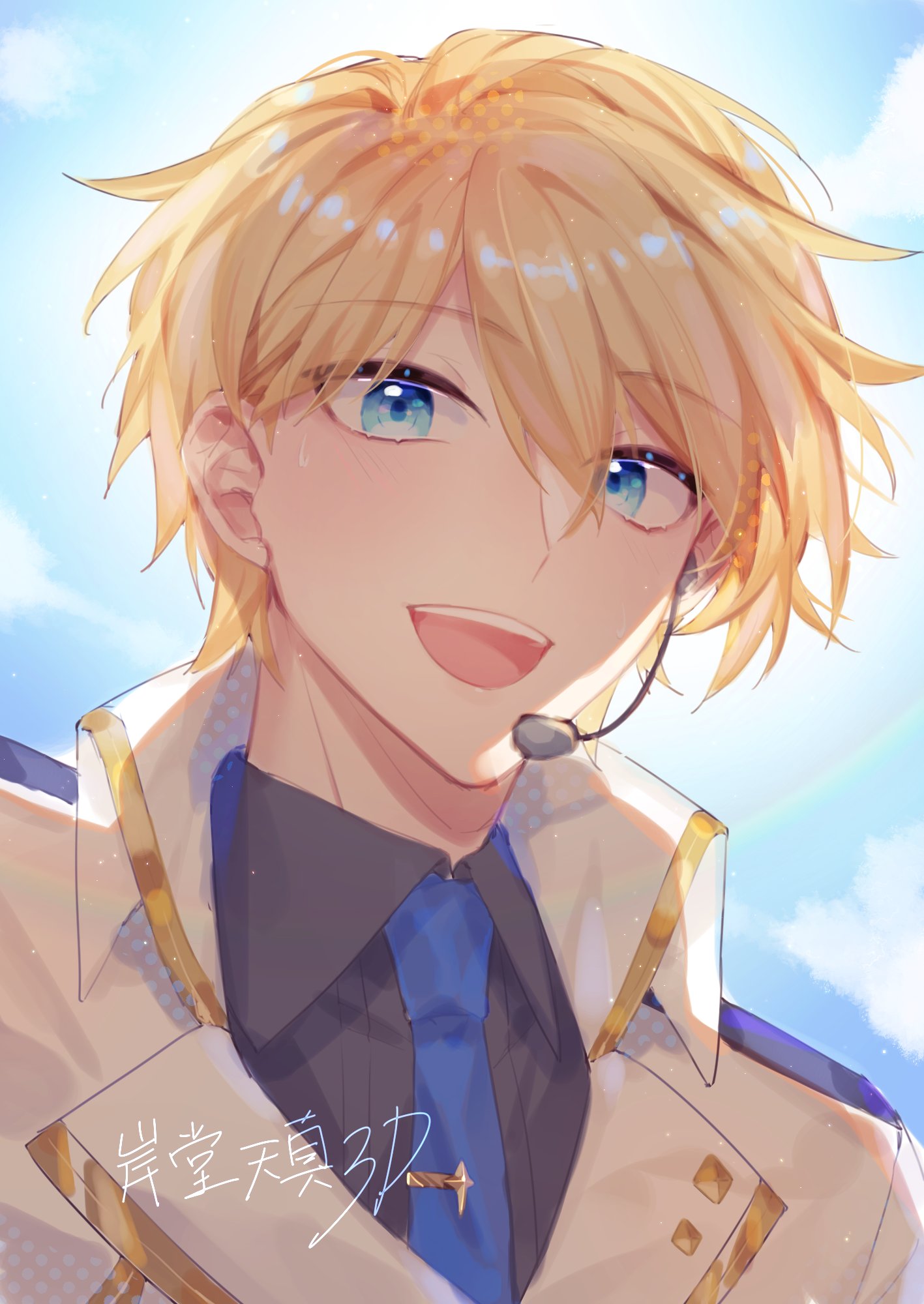 1boy :d backlighting black_shirt blonde_hair blue_eyes blue_necktie buttons clouds collared_jacket collared_shirt day diamond_button earpiece hair_between_eyes highres holostars jacket kishido_temma looking_at_viewer male_focus necktie shirt short_hair smile solo sweat teeth tie_clip tsukonin_p upper_body upper_teeth virtual_youtuber white_jacket