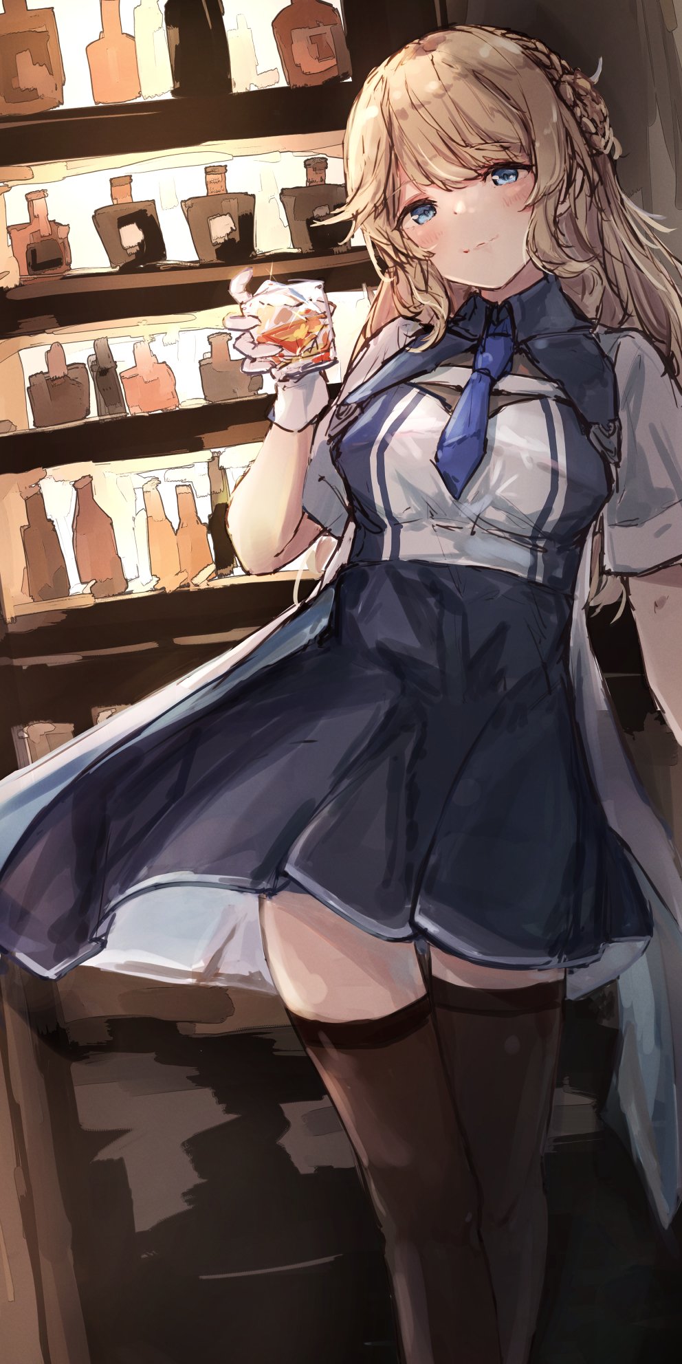 1girl alcohol aruka bar_(place) black_thighhighs blue_eyes blue_necktie braid breasts brown_hair cup drink drinking_glass feet_out_of_frame glass hair_bun highres kantai_collection long_hair looking_at_viewer medium_breasts necktie ranger_(kancolle) side_braids single_side_bun solo thigh-highs two-tone_dress