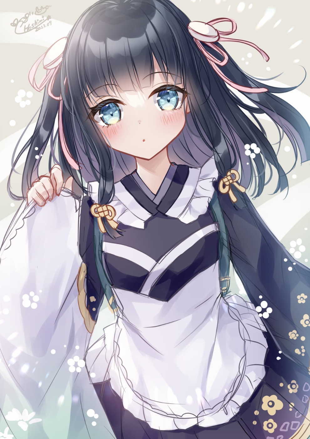1girl :o apron bangs black_hair black_kimono blue_eyes blush character_request frilled_apron frills hand_up highres japanese_clothes kimono kohinata_hoshimi long_hair long_sleeves looking_at_viewer parted_lips pinching_sleeves prima_doll_(anime) solo two_side_up white_apron wide_sleeves