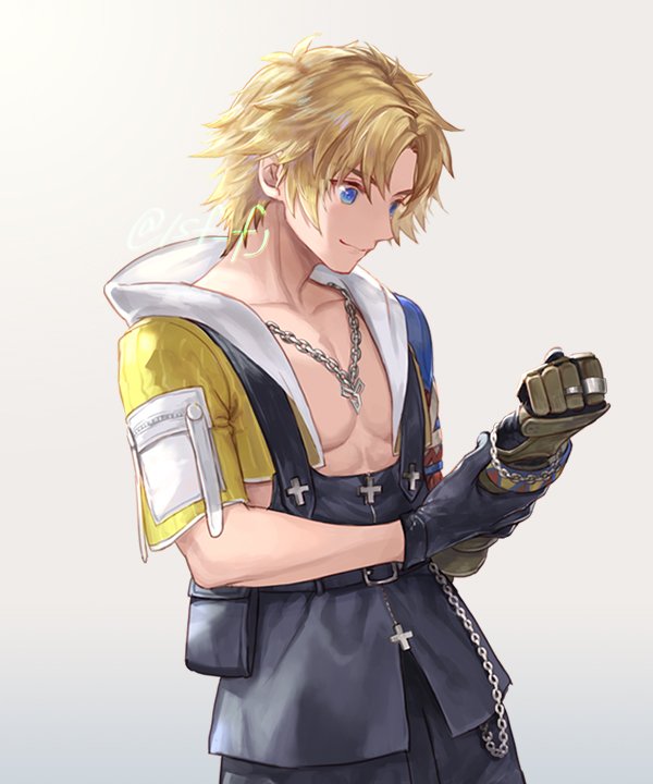 1boy adjusting_clothes adjusting_gloves armor bangs black_gloves black_overalls black_shorts blonde_hair blue_eyes chain_necklace cowboy_shot cropped_hoodie final_fantasy final_fantasy_x gloves grey_background hood hood_down hoodie jewelry looking_at_hand male_focus necklace overalls parted_bangs pectorals sasanomesi short_hair short_sleeves shorts shoulder_armor smile solo tidus twitter_username yellow_hoodie