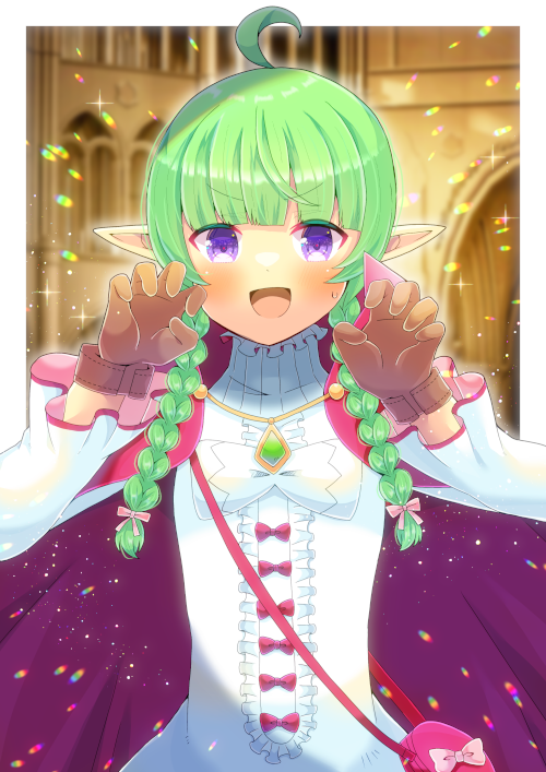 1girl :d ahoge bag bangs blunt_bangs blurry blurry_background blush bow braid brown_gloves center_frills claw_pose cloak commentary_request commission depth_of_field dress fire_emblem frills gem gloves green_gemstone green_hair hair_over_shoulder hands_up kou_hiyoyo long_hair long_sleeves looking_at_viewer nah_(fire_emblem) pink_bow pointy_ears purple_cloak red_bow shoulder_bag skeb_commission smile solo sweat twin_braids v-shaped_eyebrows violet_eyes white_bow white_dress