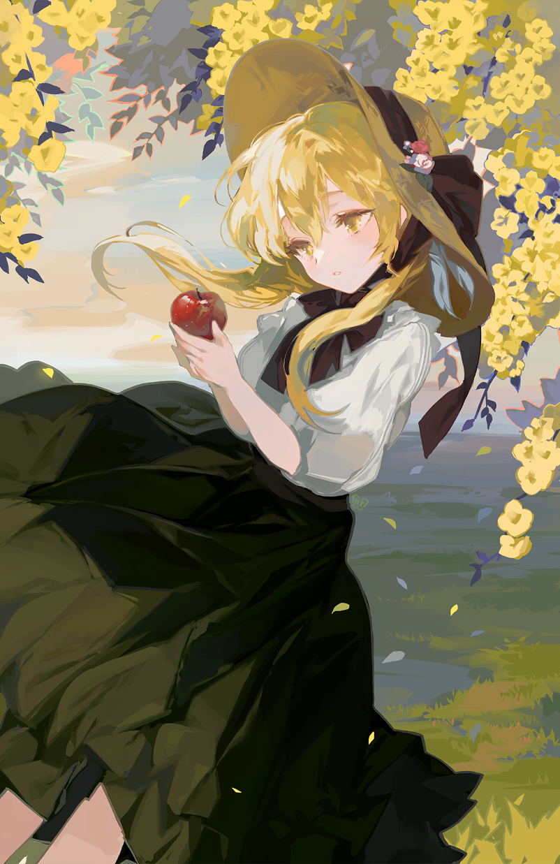 1girl apple bangs black_bow black_skirt blonde_hair bow bowtie clouds cloudy_sky falling falling_petals flower food fruit genshin_impact grass hat highres holding holding_food holding_fruit light_smile long_hair looking_at_object lumine_(genshin_impact) parted_lips petals pla4neta puffy_short_sleeves puffy_sleeves shirt short_sleeves sidelocks skirt sky solo sun_hat traditional_media tree white_shirt yellow_eyes yellow_flower