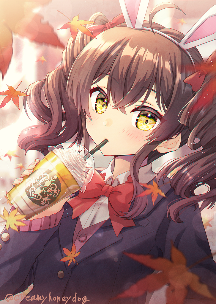 1girl animal_ears arm_at_side autumn autumn_leaves bangs black_jacket blazer blurry blurry_background blurry_foreground bow bowtie brown_hair buttons cardigan collared_shirt commentary_request crossed_bangs cup d4dj day disposable_cup drill_hair drinking drinking_straw drinking_straw_in_mouth fake_animal_ears falling_leaves fingernails frappuccino gradient_hair hair_between_eyes hair_bow hairband hand_up holding holding_cup jacket leaf lens_flare light_blush light_particles long_hair long_sleeves looking_at_viewer maple_leaf motion_blur multicolored_hair ohnaruto_muni outdoors pink_cardigan pink_hair rabbit_ears red_bow red_bowtie school_uniform shindoi_akio shirt sidelocks solo twin_drills twintails twitter_username two-tone_hair upper_body white_hairband white_shirt yellow_eyes