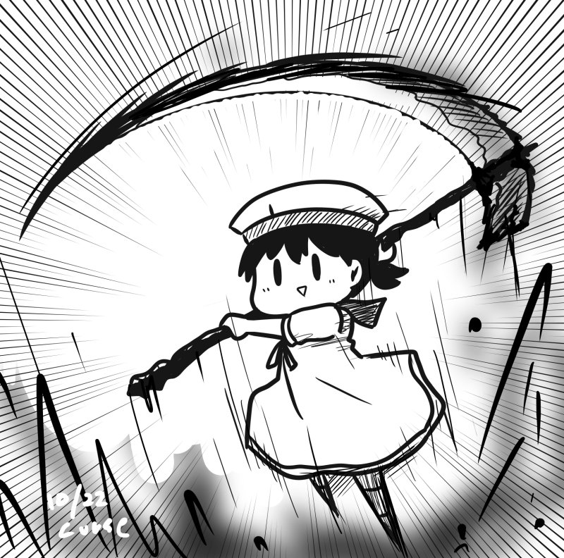 1girl chibi curse_(023) dress hat hiburi_(kancolle) kantai_collection looking_at_viewer low_ponytail monochrome running sailor_collar sailor_dress sailor_hat scythe short_hair short_sleeves solid_oval_eyes solo speed_lines triangle
