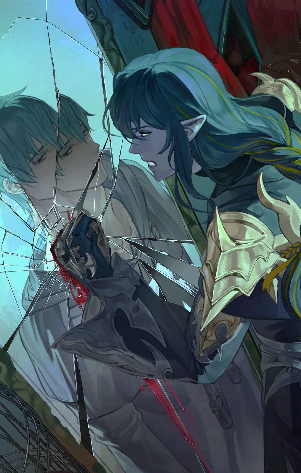 2boys amon_(ff14) angry aqua_eyes aqua_hair armor bangs birdcage black_capelet black_gloves black_robe bleeding blood braid braided_ponytail broken_mirror cage capelet clenched_hand clenched_teeth collarbone colored_skin commission crack cracked_glass devilking_222 different_reflection dual_persona dutch_angle elezen elf final_fantasy final_fantasy_xiv from_side glass_shards gloves green_hair grey_skin hair_between_eyes hand_on_glass hermes_(ff14) highres hood hood_down hooded_capelet long_hair long_sleeves looking_at_another looking_away looking_to_the_side male_focus mirror mole mole_under_eye multicolored_hair multiple_boys pauldrons pointy_ears reflection robe shards short_hair shoulder_armor sideways_glance single_braid spiked_pauldrons standing streaked_hair teeth two-tone_hair upper_body