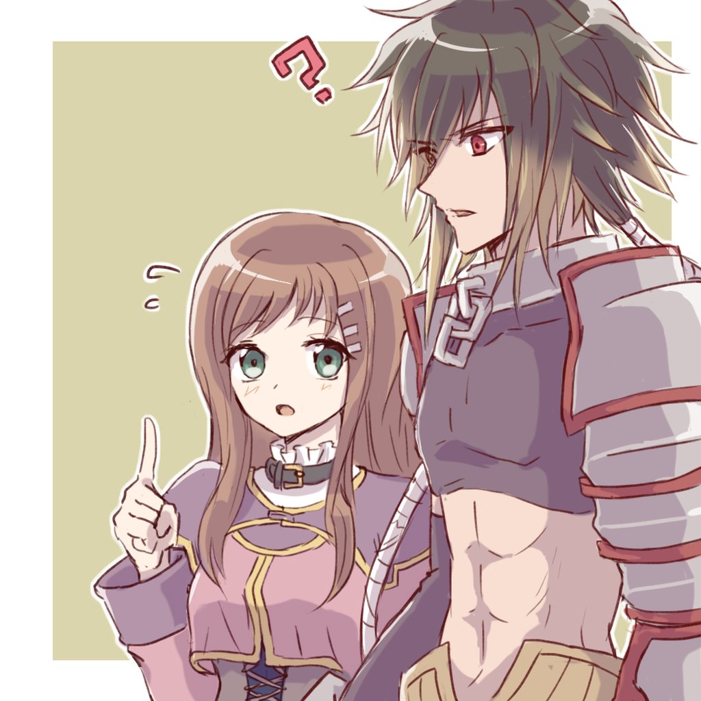 1boy 1girl abs albel_nox breasts brown_hair green_eyes hair_ornament hairclip index_finger_raised long_hair open_mouth red_eyes sophia_esteed star_ocean star_ocean_till_the_end_of_time