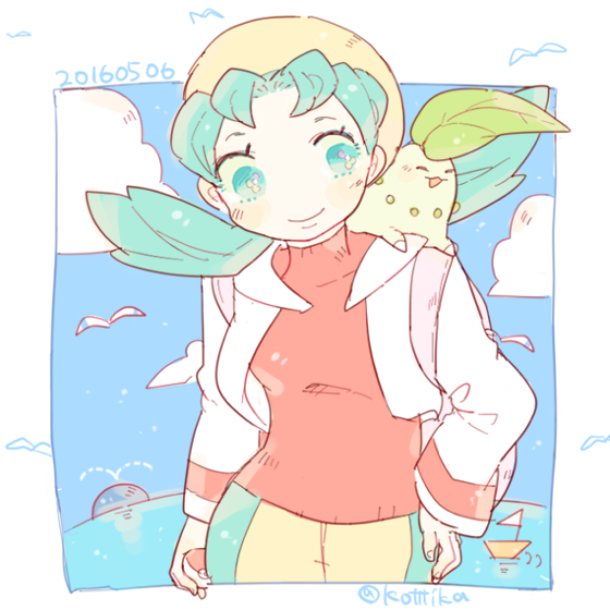 1girl 2016 aqua_eyes aqua_hair blue_sky boat chikorita closed_mouth clouds cropped_jacket dated hat holding holding_poke_ball jacket katiko kris_(pokemon) long_sleeves medium_hair no_nose on_shoulder open_clothes open_jacket poke_ball poke_ball_(basic) pokemon pokemon_(creature) pokemon_(game) pokemon_gsc pokemon_on_shoulder red_shirt shirt sky smile turtleneck twintails twitter_username wailmer water watercraft white_jacket wingull yellow_headwear