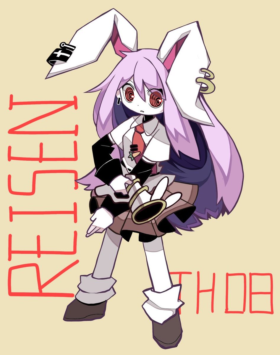 1girl @_@ animal_ears bad_id bad_twitter_id black_sleeves carrot_pin character_name collared_shirt commentary dmebgsa3 dot_nose earrings extra_ears full_body hair_between_eyes highres jewelry long_hair looking_at_viewer lunatic_gun necktie parted_lips pink_skirt purple_hair rabbit_ears red_eyes red_necktie reisen_udongein_inaba shirt skirt solo standing touhou very_long_hair white_shirt